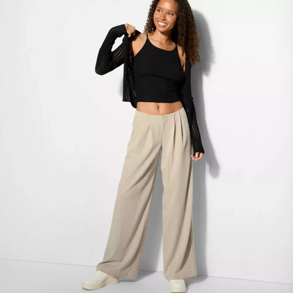 Wide Leg Pleated Linen-Blend Pants in Beige